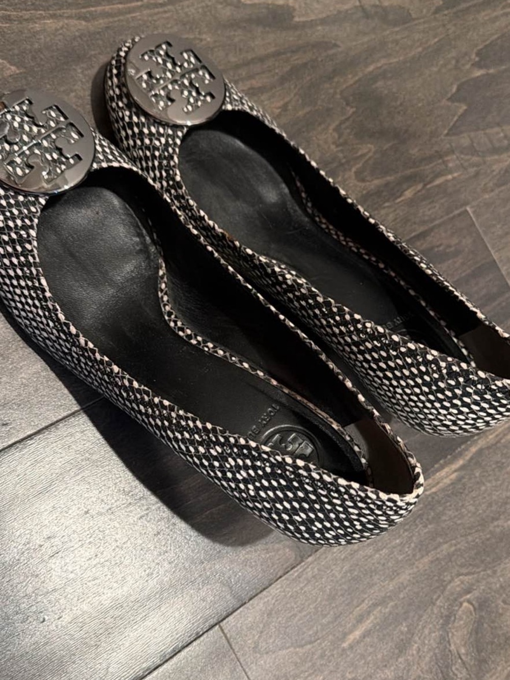 Tory Burch Black and White Woven Logo Ballet Flats